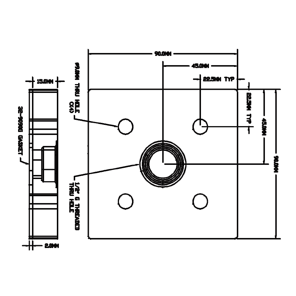 32-909012G-1SS MODULAR SOLUTIONS PNEUMATIC PLATE 90MM X 90MM WITH GASKET 1/2" G THREADED CENTER THRU HOLE